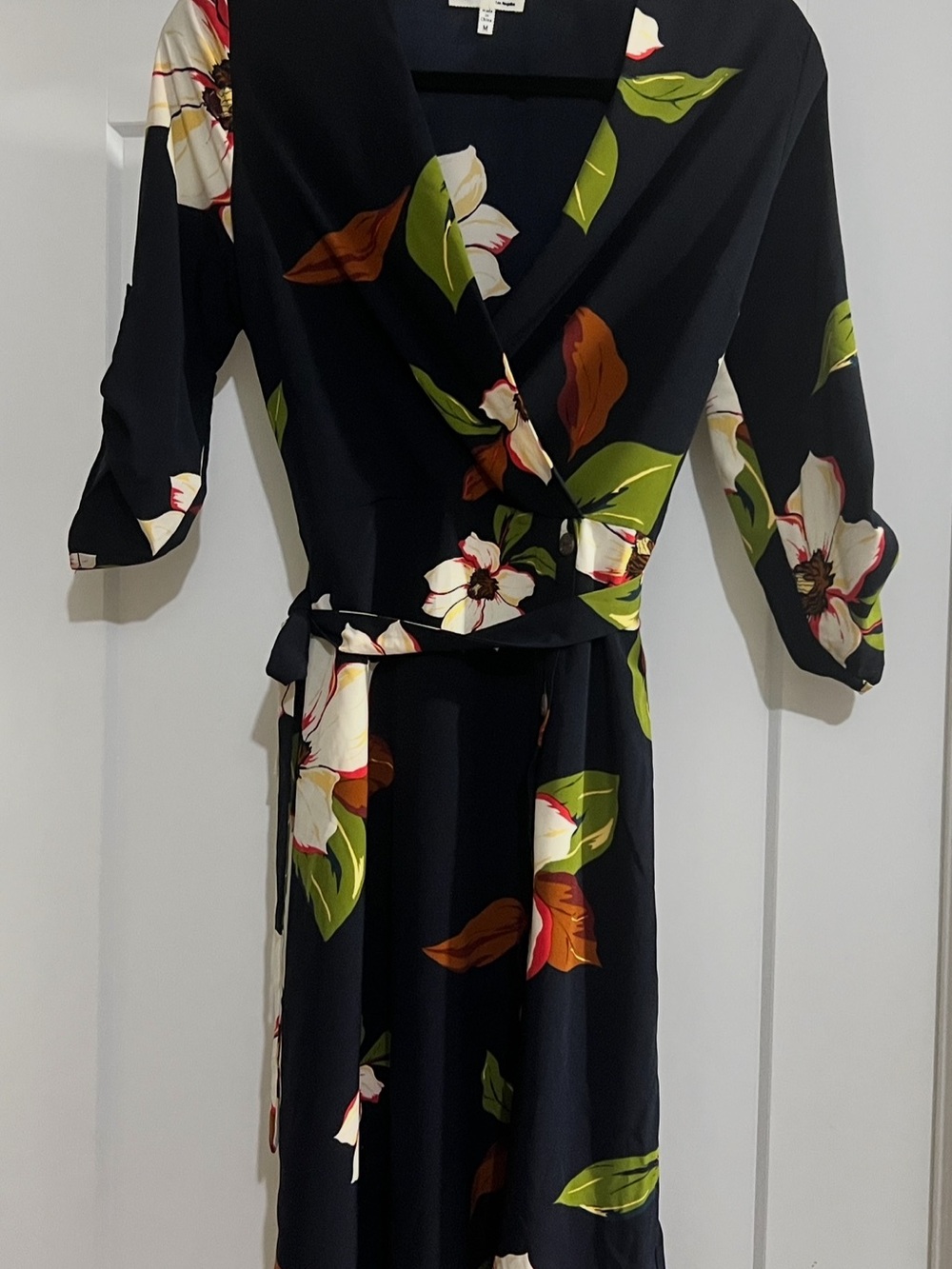 Monteau Black Midi Wrap Dress with White, Green & Brown Floral Print